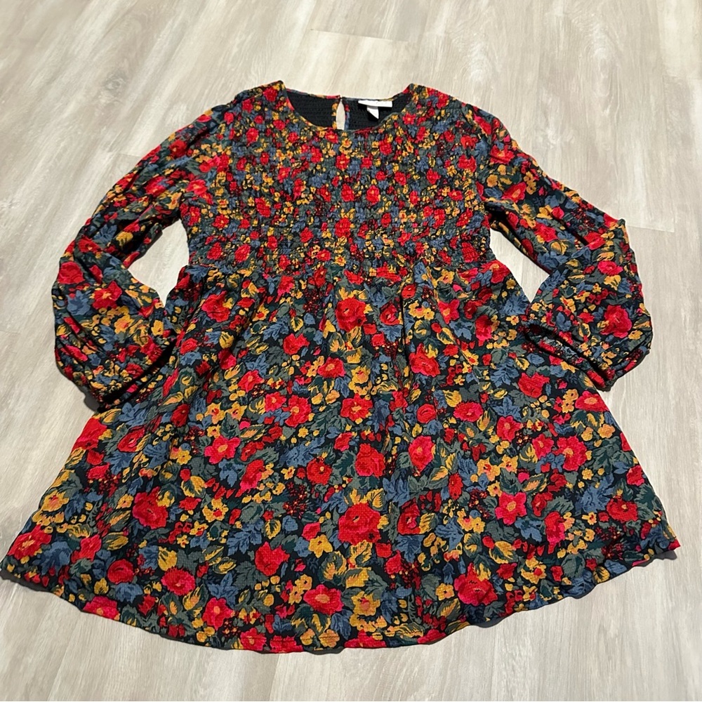 Ingrid + Isabel Red Yellow Floral Smocked Waist Long Sleeve Blouse Top Sz M